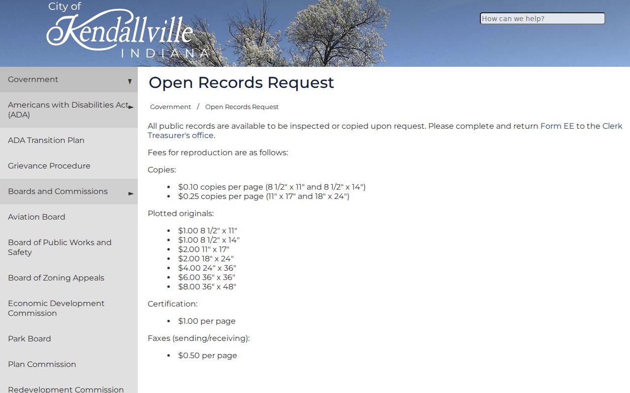 Kendallville court records and municipal Form EE request page