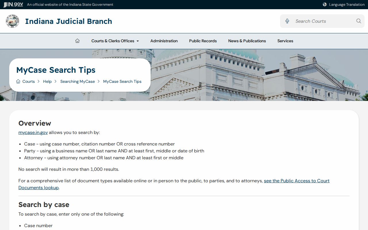 Official Noble County docket search field tips