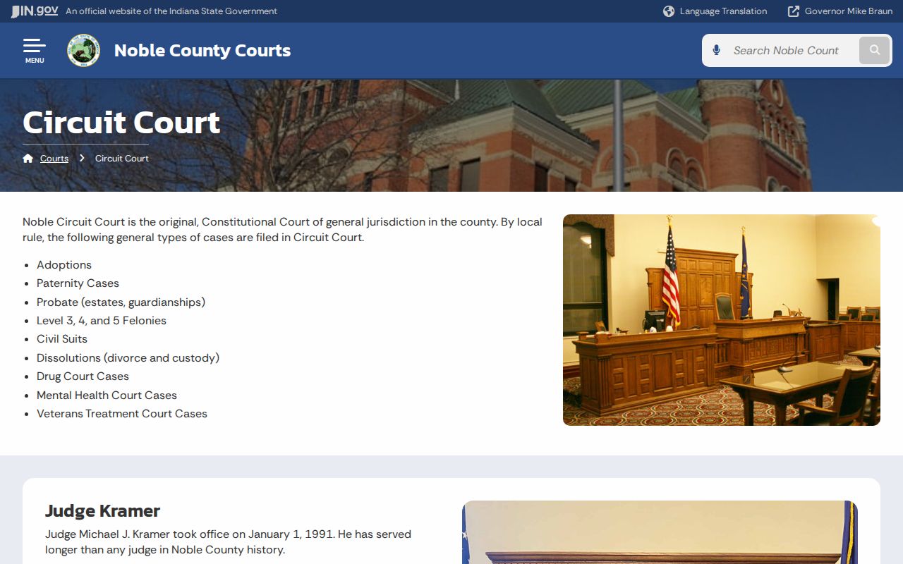 Noble County criminal court docket access and Circuit Court jurisdiction