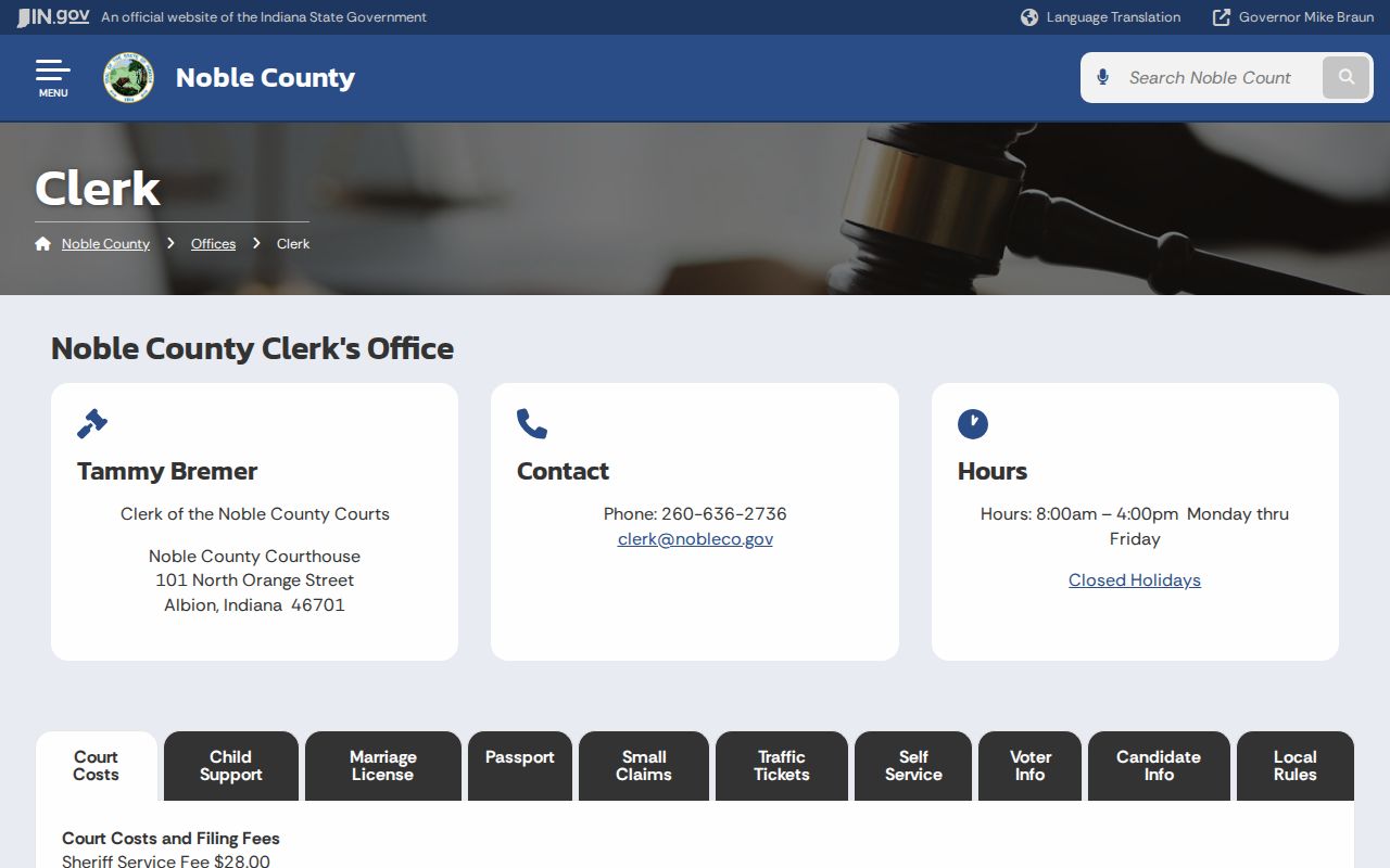 Noble County court record clerk contact and fees