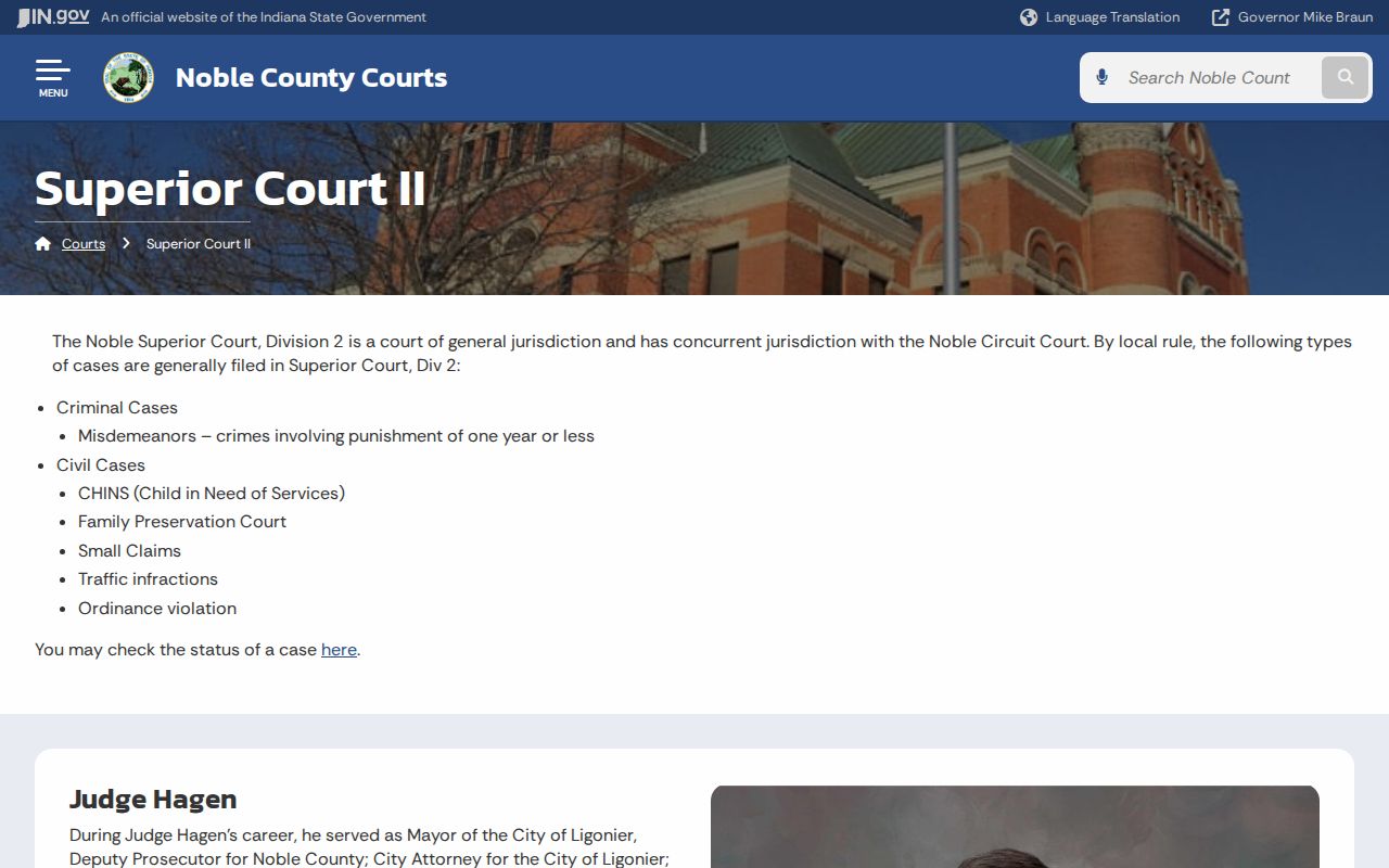 Noble County civil court docket guidance for Superior Court II small claims